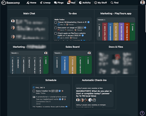 PlayTours' Basecamp Dashboard