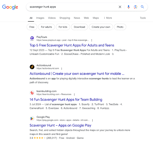 Google Search Ranking for Scavenger Hunt Apps
